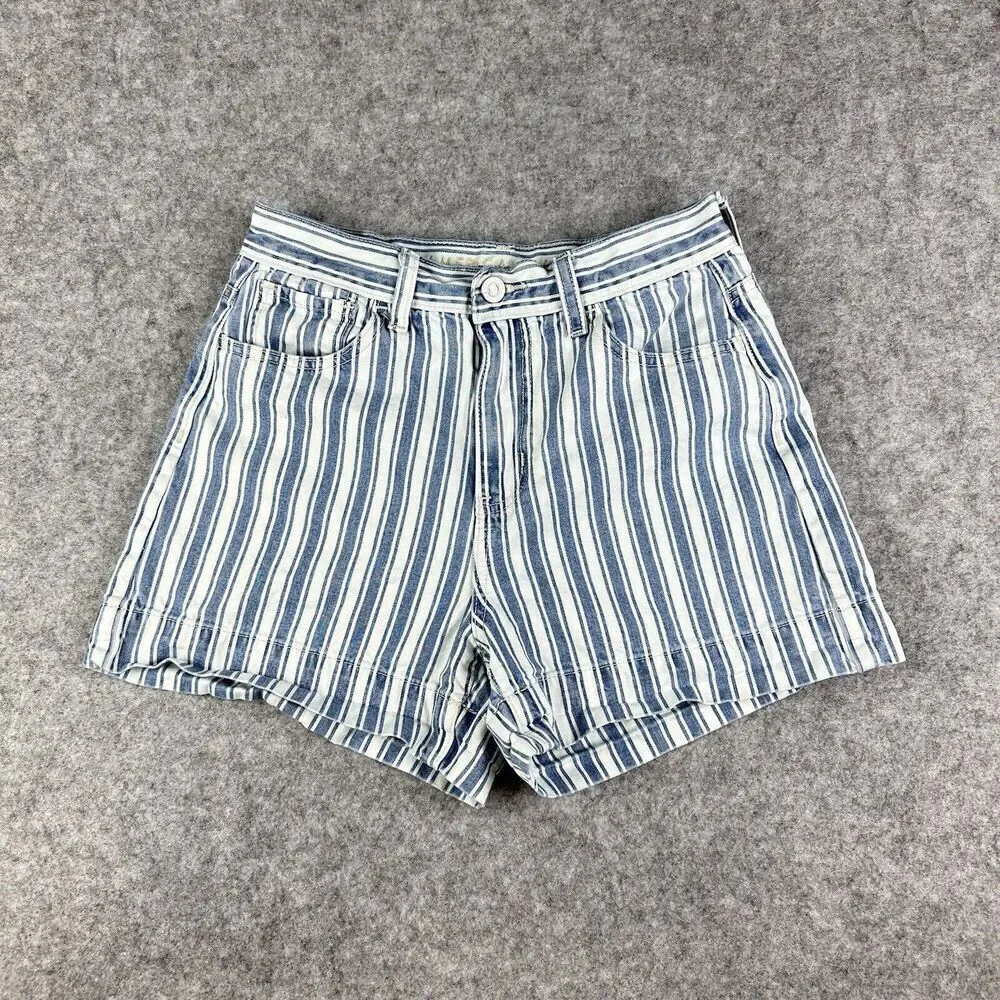 American Eagle Mom Jean Shorts Womens 0 Blue White Striped Casual Cotton Denim*